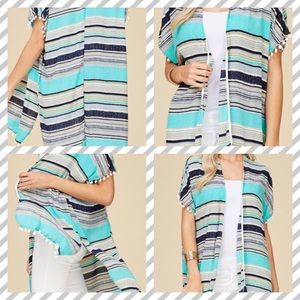 Gorgeous Blue Striped Ladies Kimono w/Pom Poms
